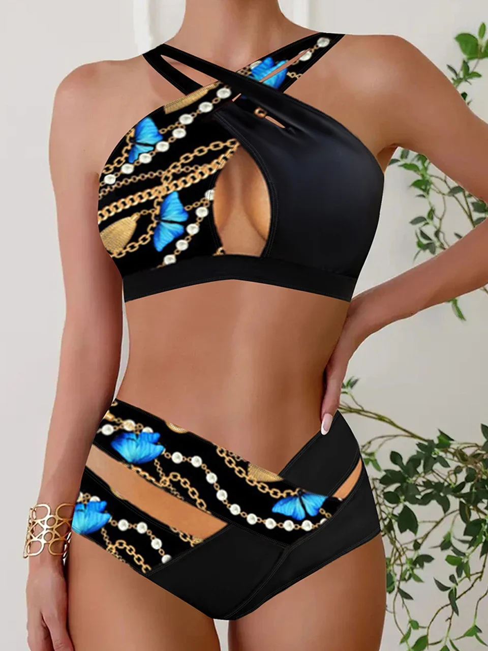 

Front Cross Bikini 2024 Women Hollow Out Swimsuit Sexy Print Swimwear Summer Beachwear Female Bathers Bathing Swimming Swim Suit