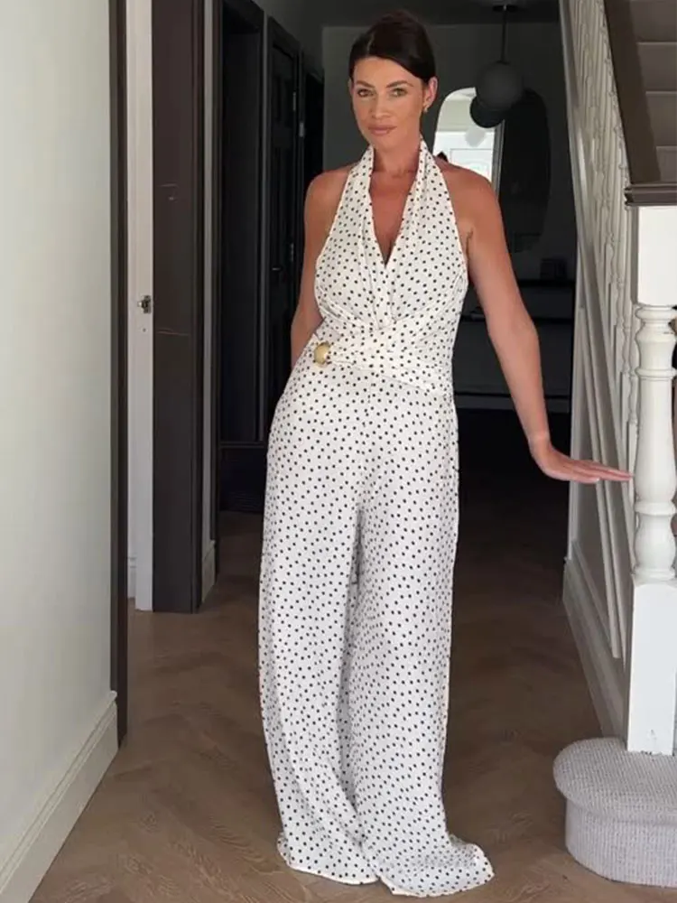 

HH женский комбинезон миди с принтом в горошек, без рукавов, плиссированный, с бретелькой на шее, с металлической пряжкой и открытой спиной, осенний модный комбинезон