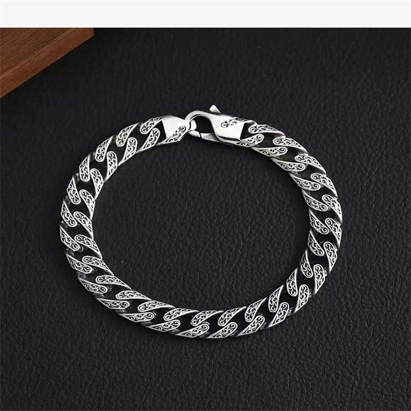 European and American S925 Sterling Silver Cuban Vine Grass Pattern Bracelet for Men's Personalized Punk Trend Versatile Hip Hop