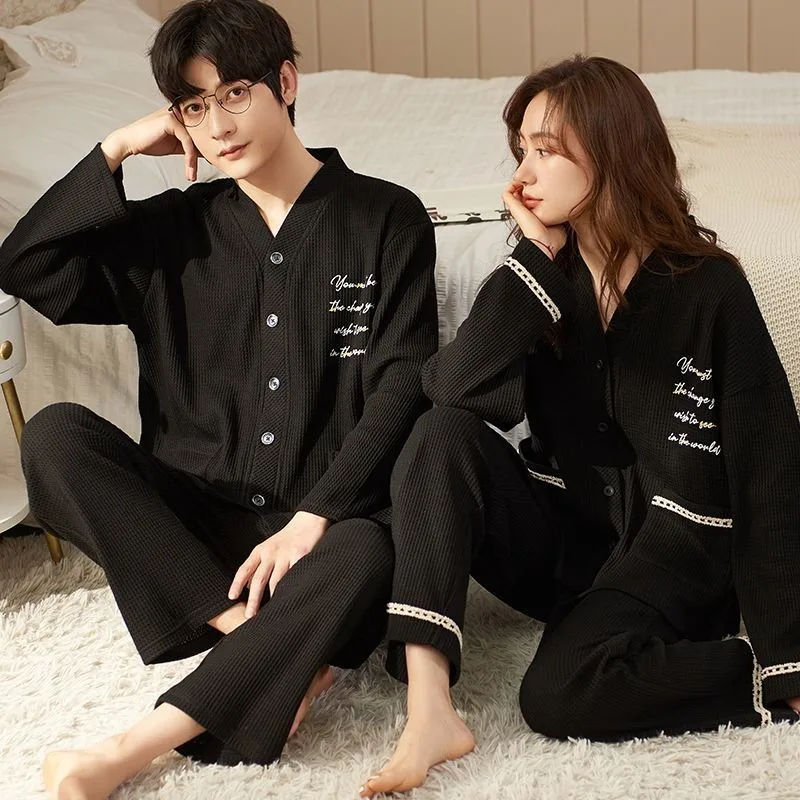 Couple pajamas Spring and Autumn Long sleeve Pure cotton cardigan loungewear Autumn and winter suit Can be worn outside