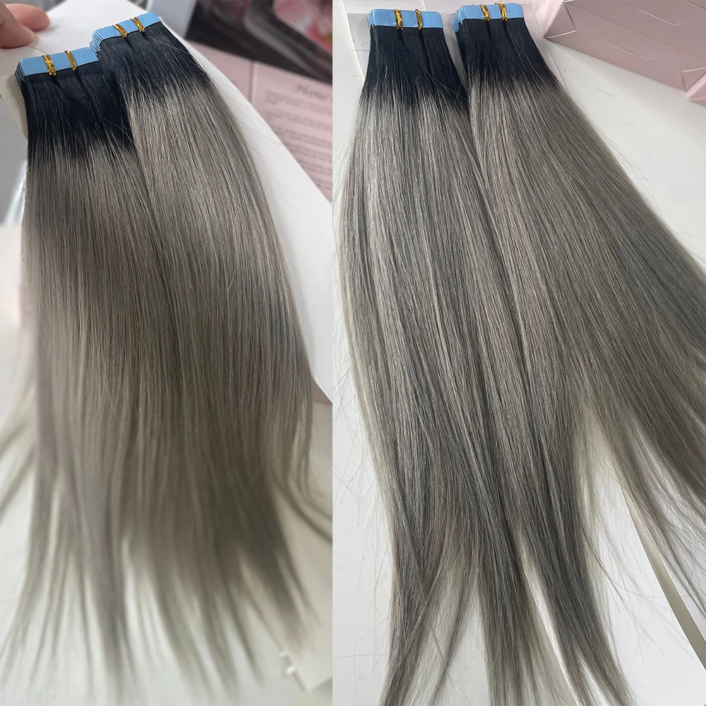 Doreen European 100% Real Human Hair Tape In Extensions 16 to 24  50g 2.5g/pcOmbre Black Silver Grey Hair PU Seamless Tape ins