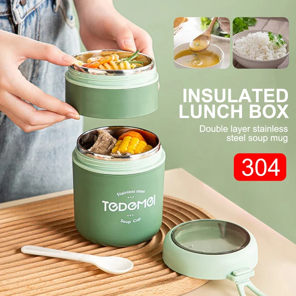 Insulated Lunch Box 304 Stainless Steel Thermos 2 Layer Vacuum Insulated Barrel Food Containers