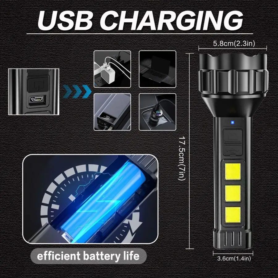 Imagem -03 - Poderosa Lanterna Led Lanternas Recarregáveis Usb com Luz Lateral Cob Modos Portátil Tocha Luz de Emergência com Bateria