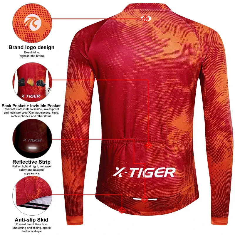 X-TIGER Men\'s Cycling Jersey Red Winter Thermal Long Sleeve Cycling Shirt with 4 Rear Pockets Fleece Bicycle Clothes Jeresy