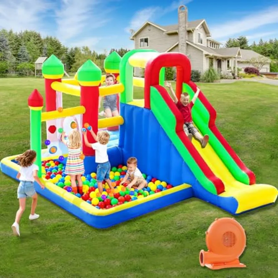 

Inflatable Bouncy House for Indoor Outdoor Jumping Castle with Slide Ball Pit Pool Blower Included Blue Red