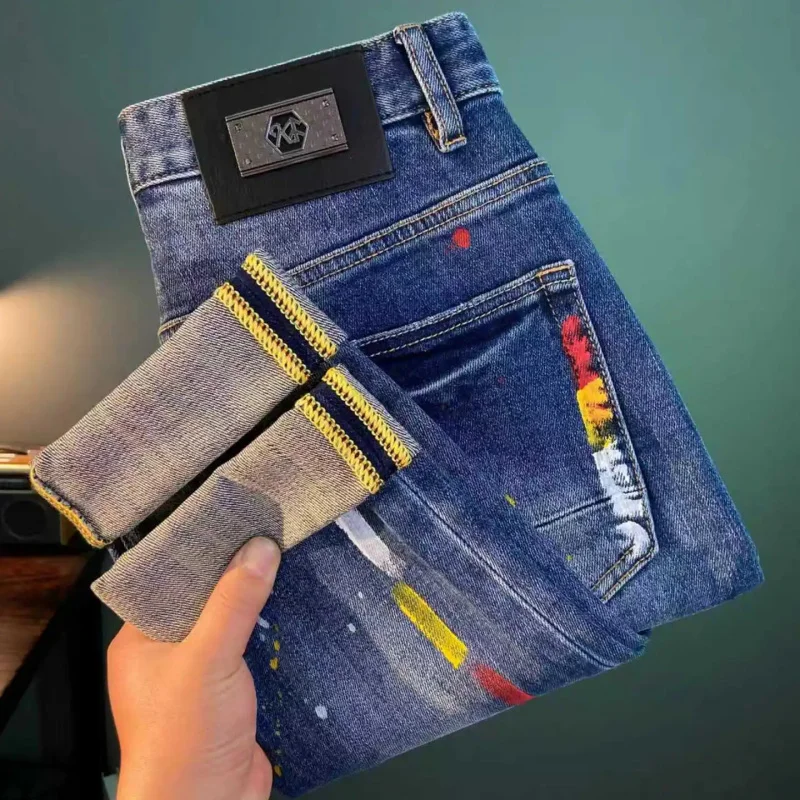Retro Style Men's Denim Jeans with Graffiti Pattern, Vintage Slim Fit Streetwear Pants, Casual Jeans with Paint Pattern for Big