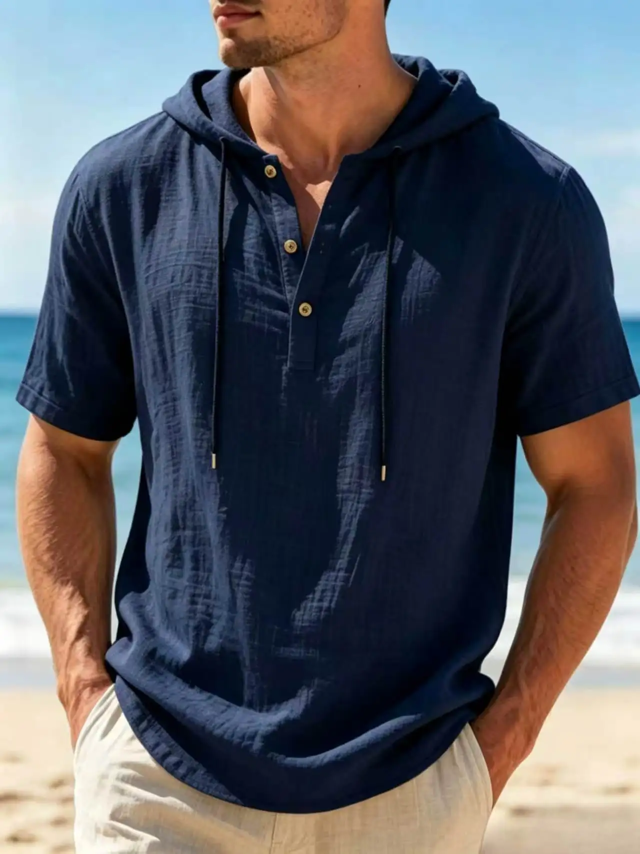 Men's Cotton Linen Hooded Short Sleeve Henley Shirt Drawstring Breathable Casual Summer Beach Daily Solid Color Top