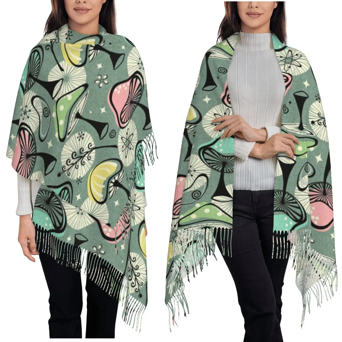 

Mid Mod Mushroom Scarf Tassel Scarves Women Soft Warm Shawls and Wraps Large Fall Winter Shawl Wrap