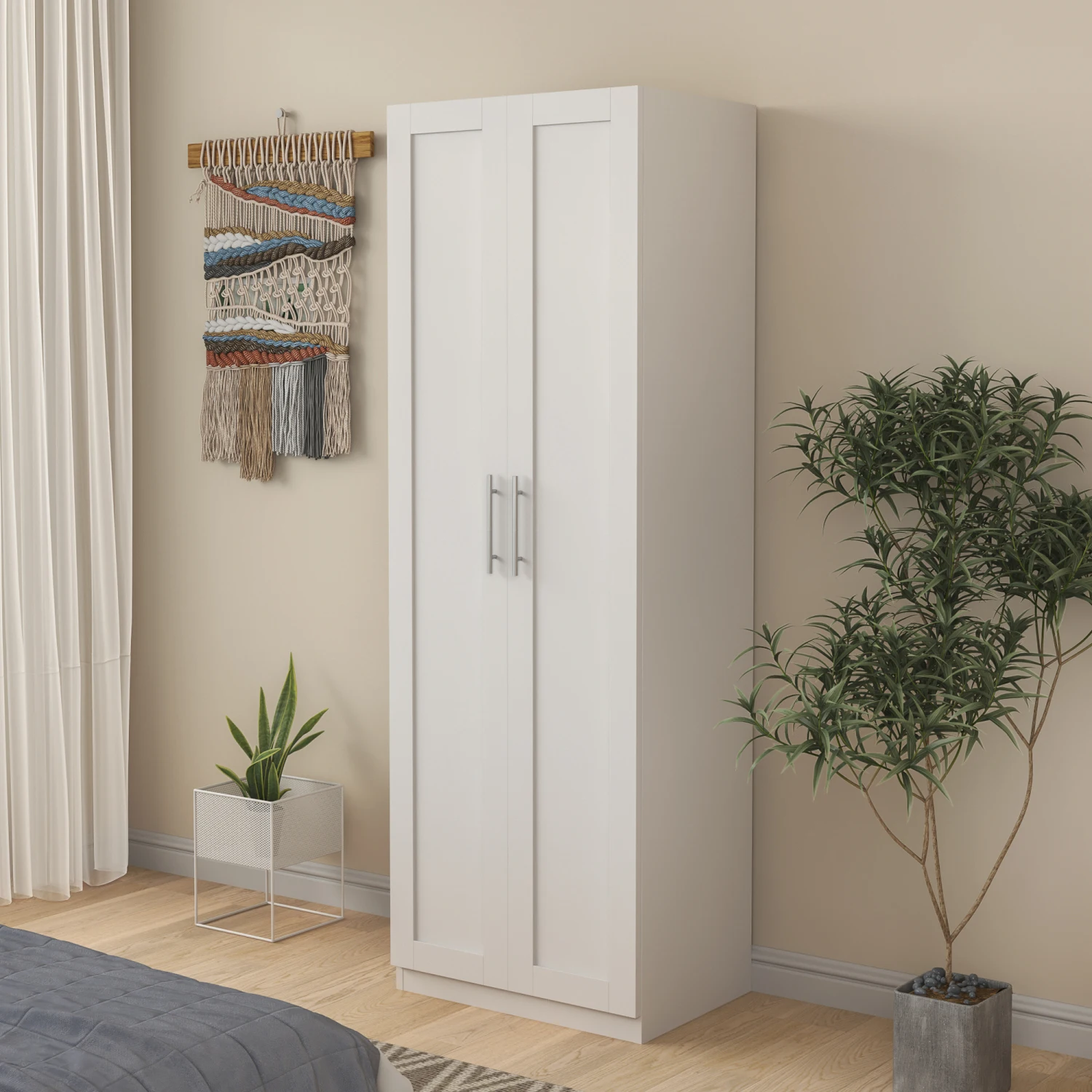 High White Wardrobe Kitchen Cabinet w/ 2 Doors, 3 Partitions - 4 Storage Spaces