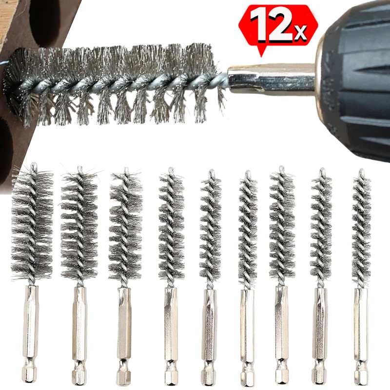 Drill Wire Brush Kit Stainless Steel Pipe Tube Cleaning Brush Hex Shank Power Drill Attachment for Rust Removal Carbon Cleaning
