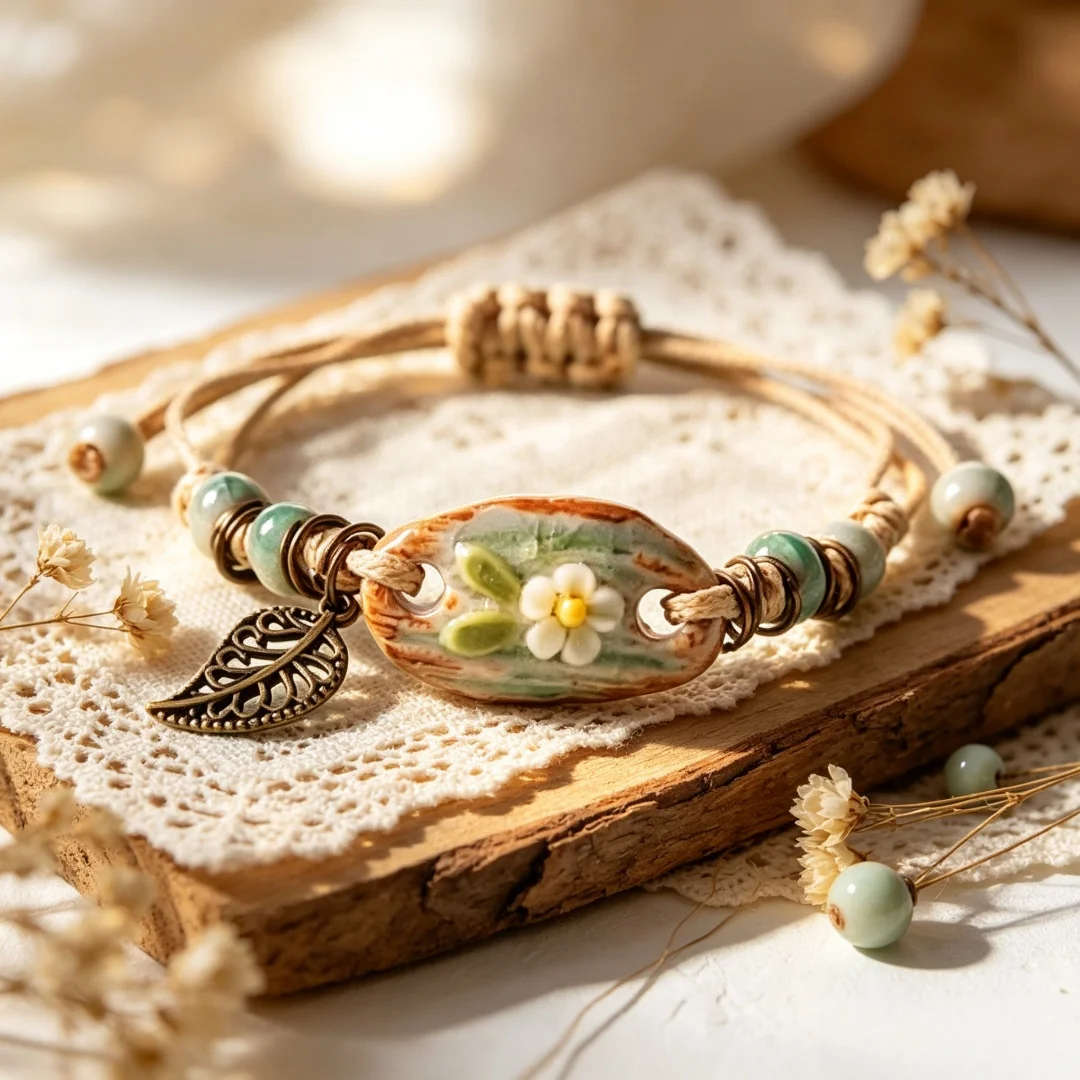 Handwoven Bracelet, Bohemian Wrist Jewelry with 3D Flower  Bee Charms, Dainty Botanical Handmade Bracelet for Daily Wear