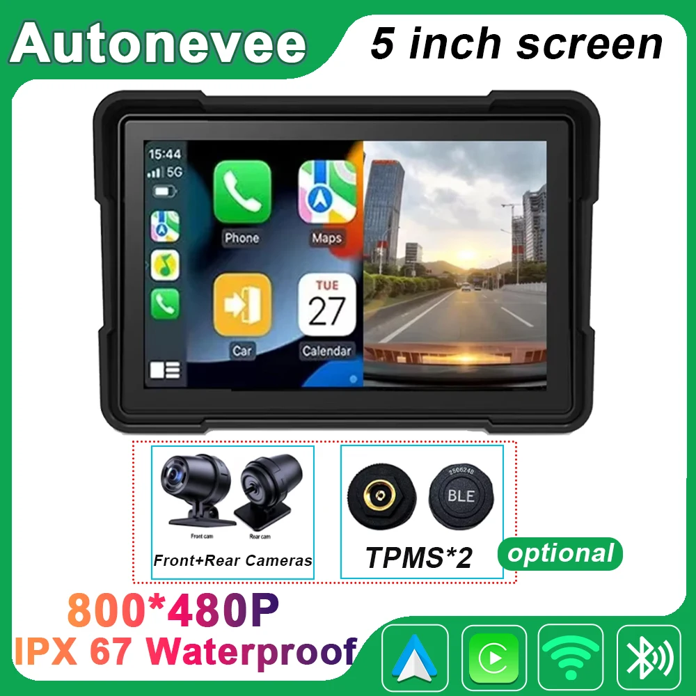 

Autonevee Motorcycle Carplay WaterProof 5 inch WiFi Wireless Android-Auto DVR Monitor Dash Camera GPS Navigation TPMS Bluetooth