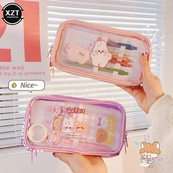 Three Layers Cute Pencil Bag Transparent PVC Student Cartoon Pencil Case Large Capacity Kawaii Bag Korean style Stationery