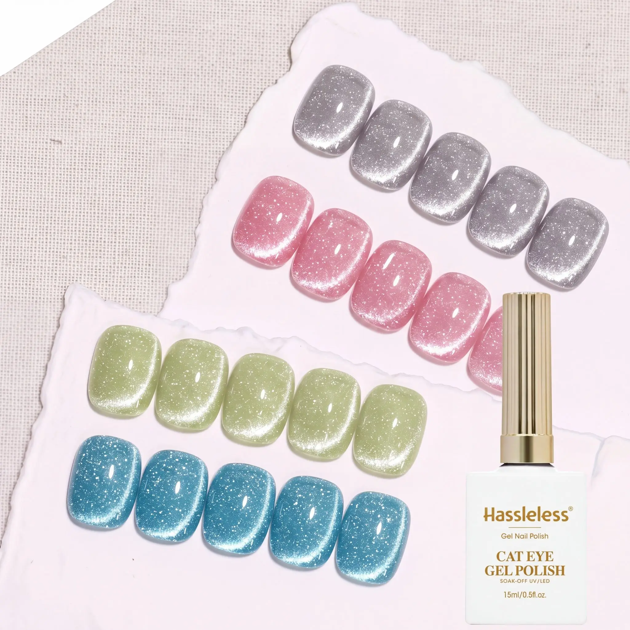 Hassleless 4Pcs Crystal Cat's Eye Nail Polish Set Pink Green Blue Silver White Glitter Magnetic Cat's Eye Gel 15ml Internet Celebrity DIY Nail Gel