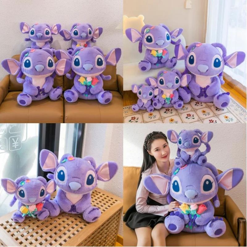 

New Disney Kawaii Stitch Plush Toy Stitch Holding Flower Purple Stuffy Cuddle Pillow Filled Doll Kids Birthday Christmas Gift