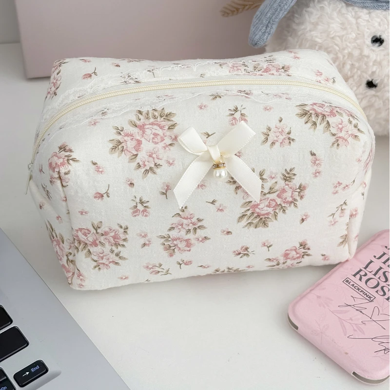 

Кружевная косметичка с цветочным принтом, органайзер для макияжа большой емкости с бантом