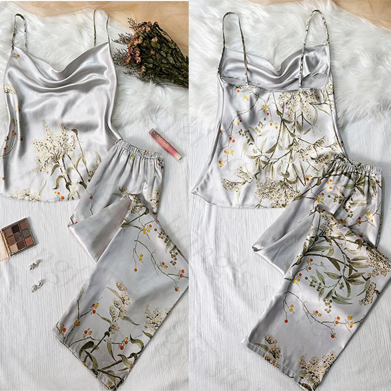 Print Sleep Set Sexy Swing Collar Nightwear Lady\'s Summer Home Clothes Sling Top&pants 2Pcs Pyjamas Loungewear Loose Lingerie