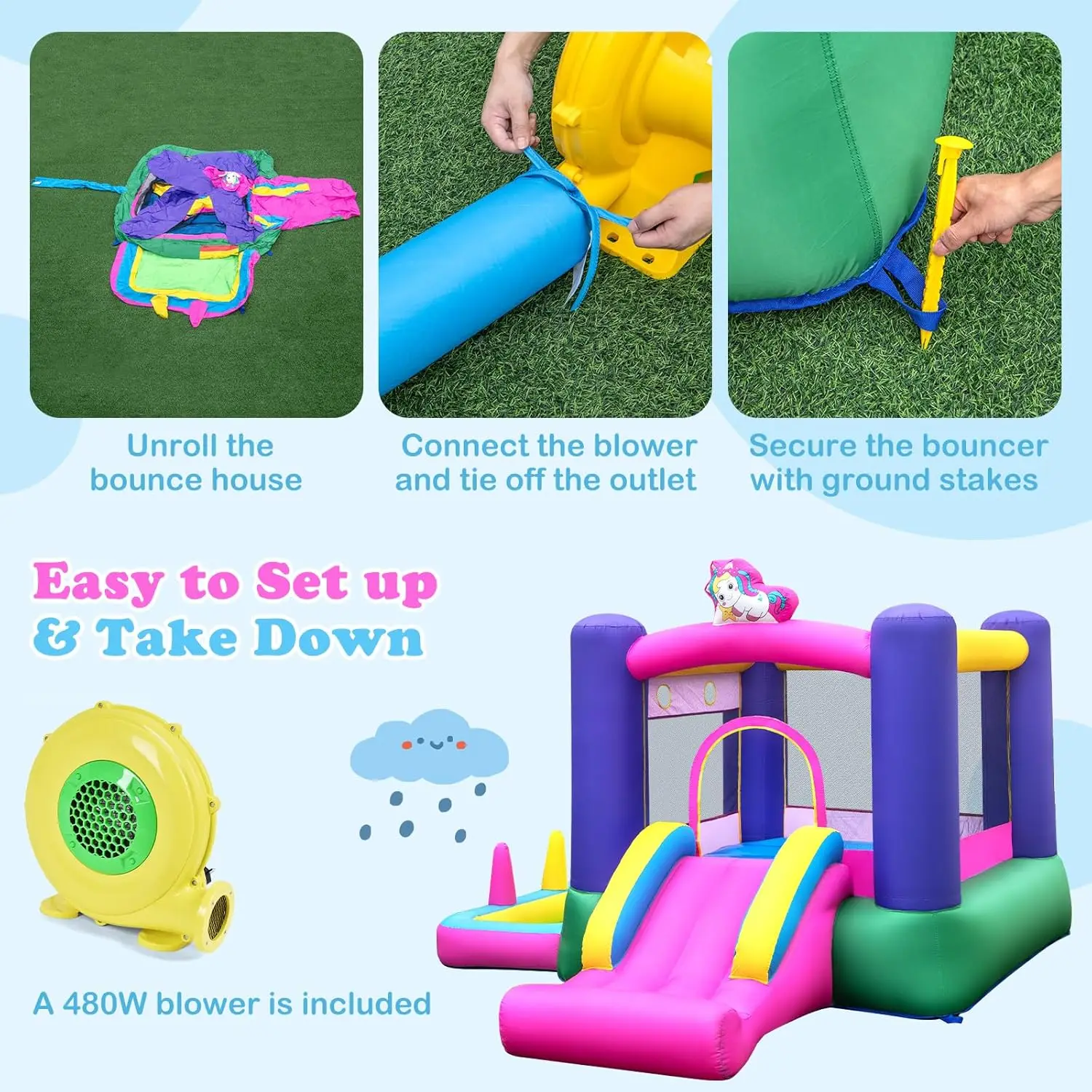 บ้านตีกลับทําให้พอง, ปราสาทกระโดดสําหรับเด็ก 6 ใน 1 พร้อมสไลเดอร์, ห่วงบาสเก็ตบอลและหลุมบอล, เกมโยนแหวนและขว้าง, ในร่ม/กลางแจ้ง