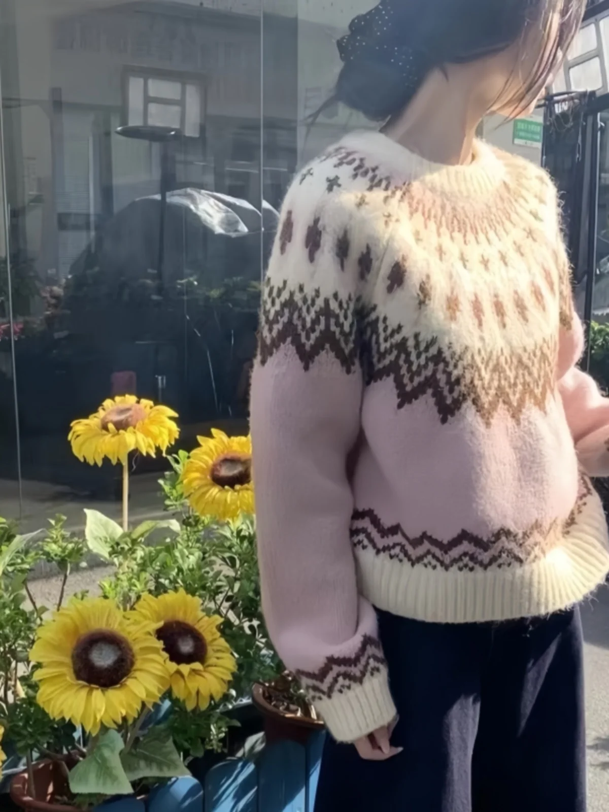 

Pink Fair Isle Soft Cozy Women's Knitwear Spring Autumn Loose Lazy Sle Design Sense Small ence Overhead Knitted Sweater