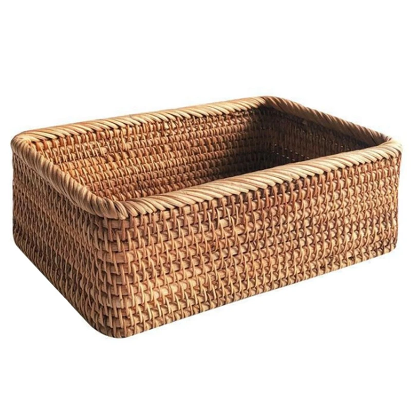 

3X Hand-Woven Rectangular Rattan Wicker Basket Fruit Tea Snack Bread Picnic Cosmetic Box Kitchen Household Tools-S