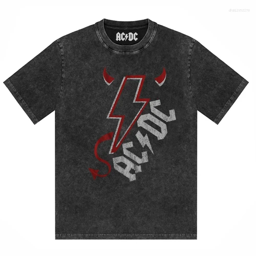 Imagen 2 del producto Camisetas para hombre, Camiseta con estampado de banda ACDC, ropa de moda informal holgada y cómoda de manga corta Retro lavada para parejas
