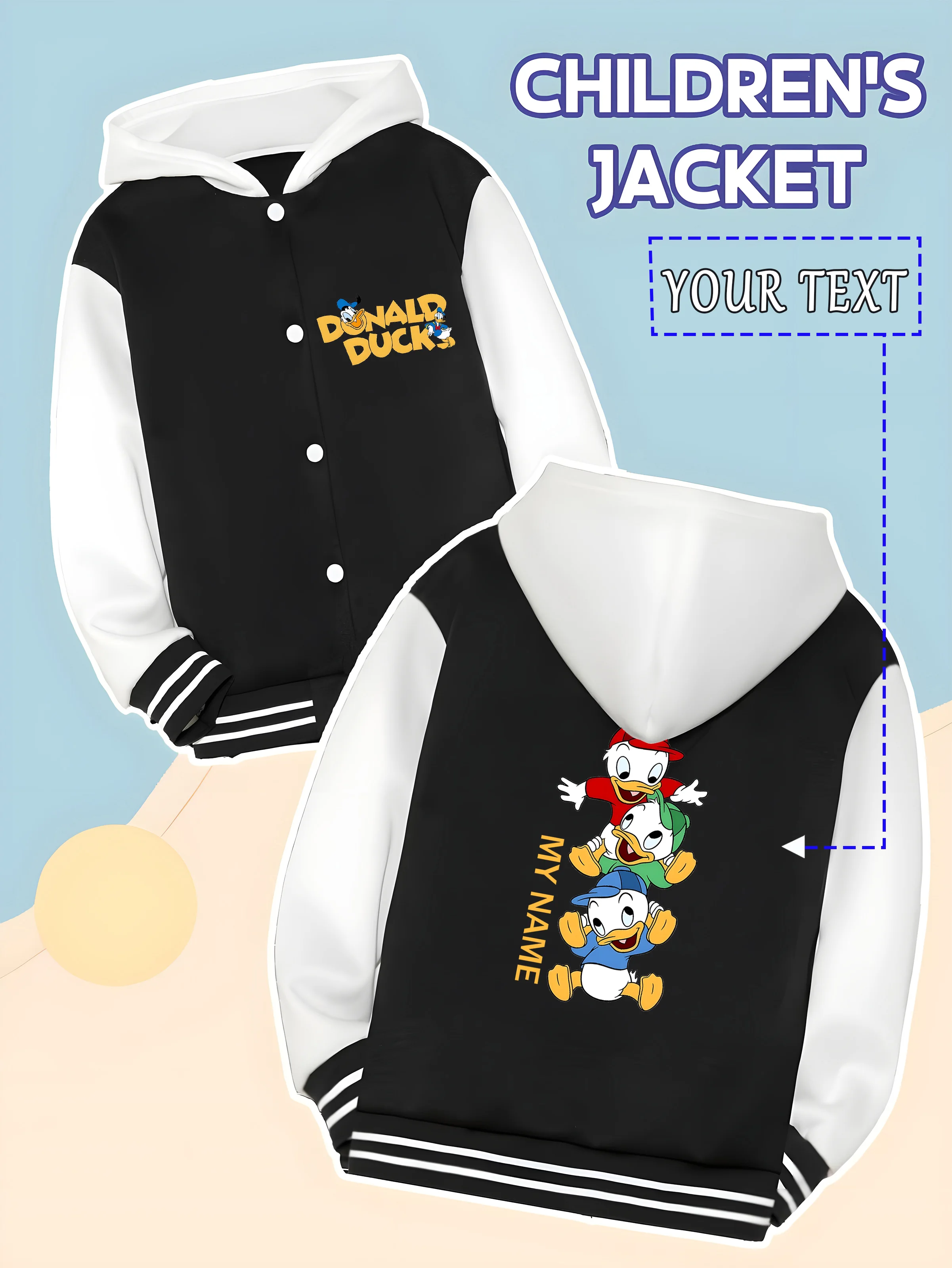 

MINISO Disney Donald Duck Trio Boys' Baseball Jacket - Three Donald Ducks stacked in a fun, vibrant silhouette. The versatile bl