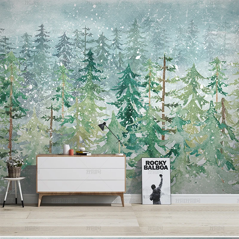

Customized product 3D hand painted pine forest Abstract forest watercolor wallpaper living room TV background wall mural bedroom