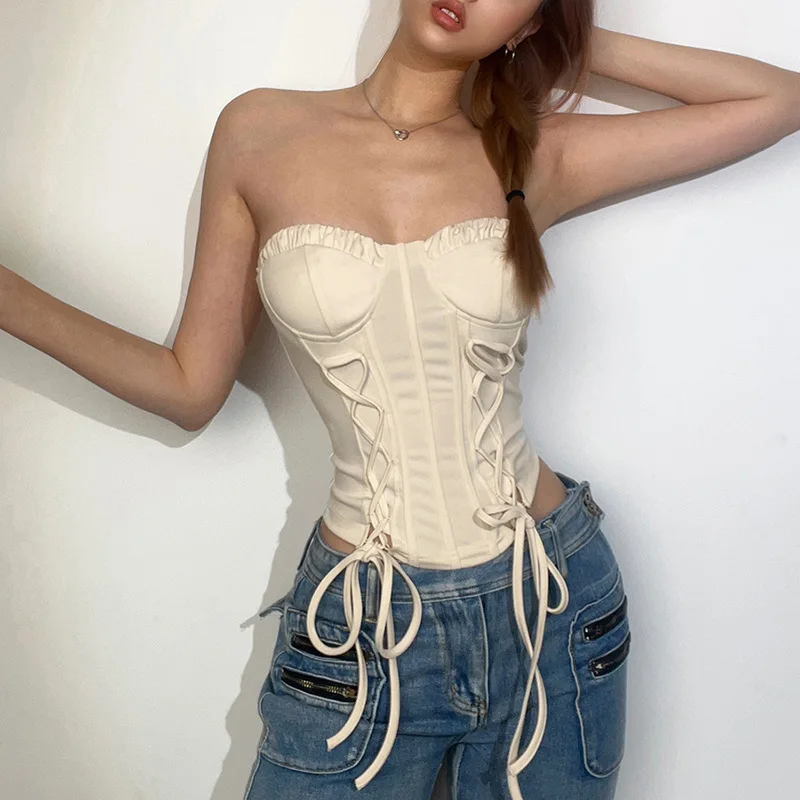 Harajuku Kawaii Vintage Cami Vest Hot Girl Crop Top White Lace Frill Zipper High Waist Bandage Slim Fit Corset Y2K Top Women