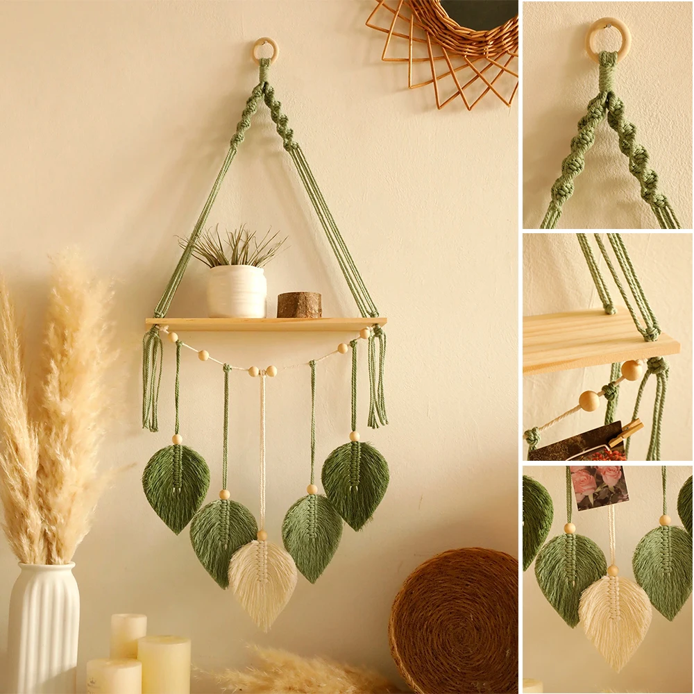 Estante flotante bohemio hecho a mano, arte tejido, decoración De pared, marco De pared, hojas verdes, decoración del hogar, Estantes De Estilo bohemio, 1 ud.