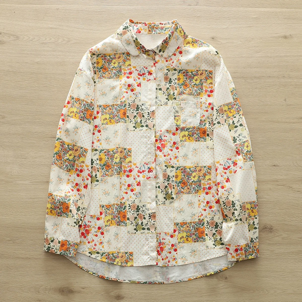 Blusa de manga comprida feminina Mori, gola virada para baixo, blusas estampadas em patchwork, tops elegantes e jovens, estilo japão, outono, primavera, verão