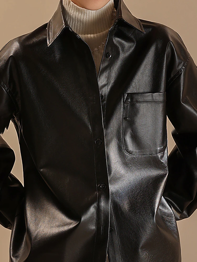 YERMORA Black Pu Leather Button Big Size Blouse For Women Lapel Long Sleeve Loose New Shirt Coat Fashion Tide Spring Autumn 2025