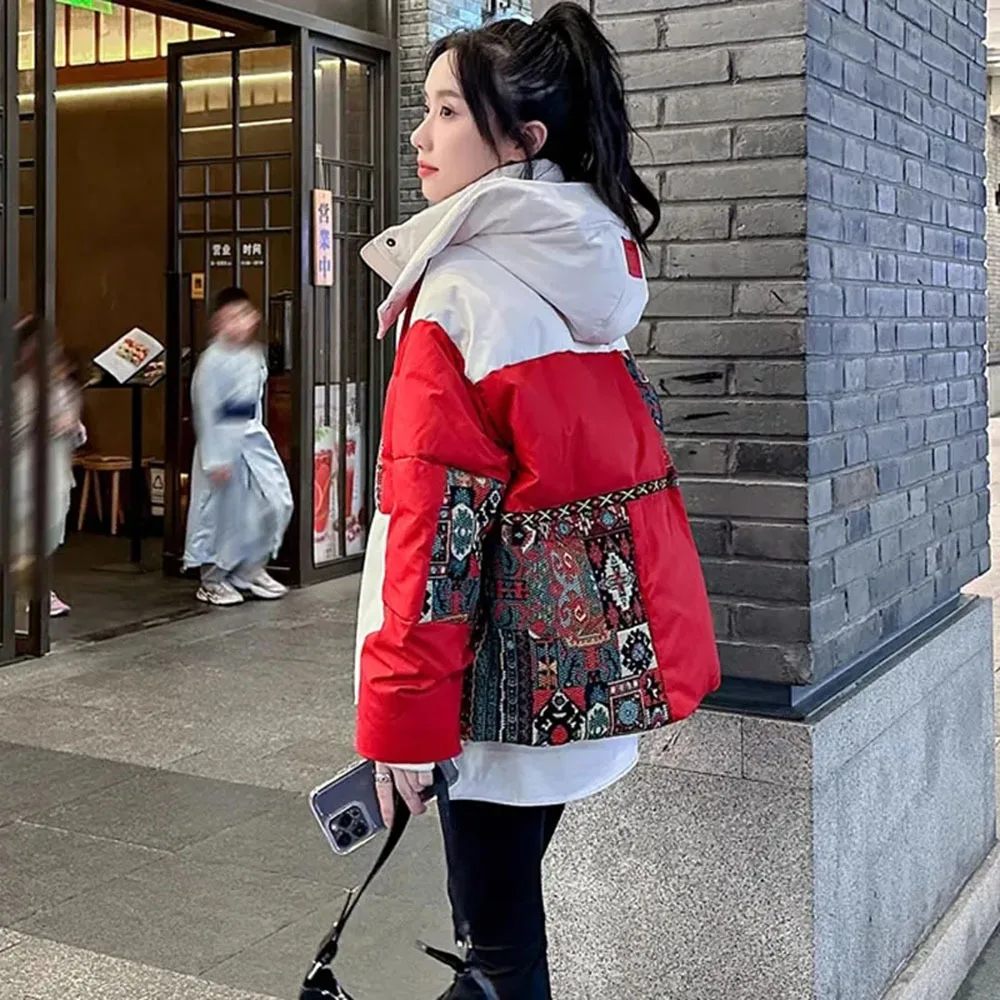 Fashion Boho Print Splice Women Parka Winter Hooded Short Down Jacket for Women Cotton Coat Windproof Warm Loose Popular Outwear