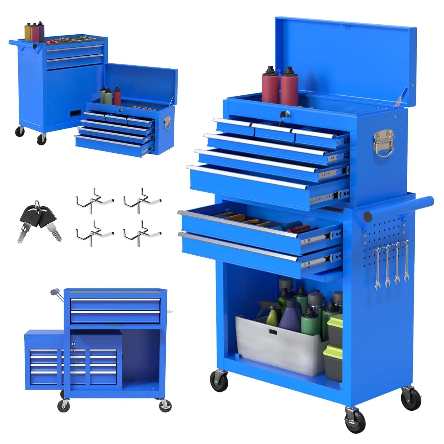 

Многофункциональный инструментальный ящик на 8 ящиков с колесами, съемный передвижной ящик для инструментов 2-в-1, запираемый портативный ящик для инструментов из легированной стали, на заказ