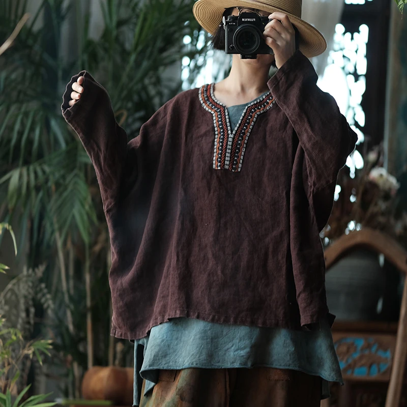 

100% льняные женские футболки с длинным рукавом, новинка 2025 года, осень, винтажный стиль, v-образный вырез, вышивка, свободные женские повседневные топы, футболки M2027