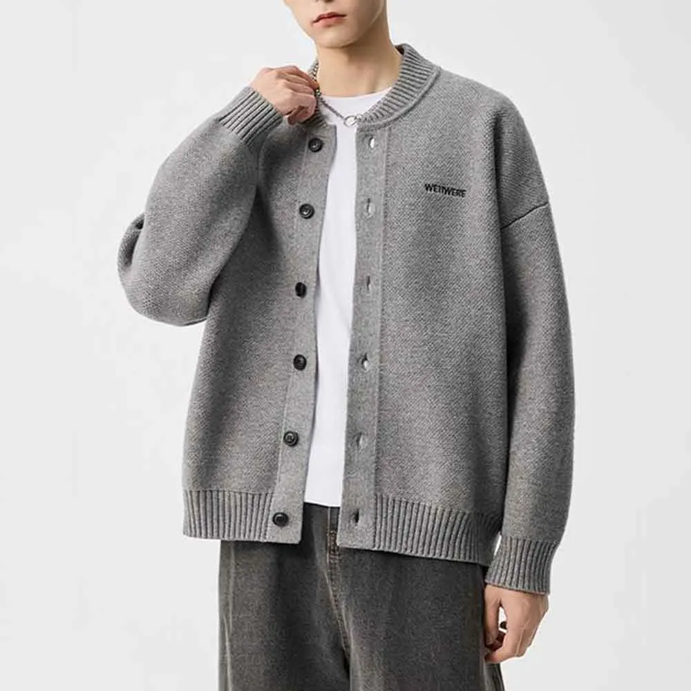Autumn New Men's Solid Color Long-Sleeved Cardigan Sweater American Fashion Trend Casual High Street Loose Niche Men's Tops 2025