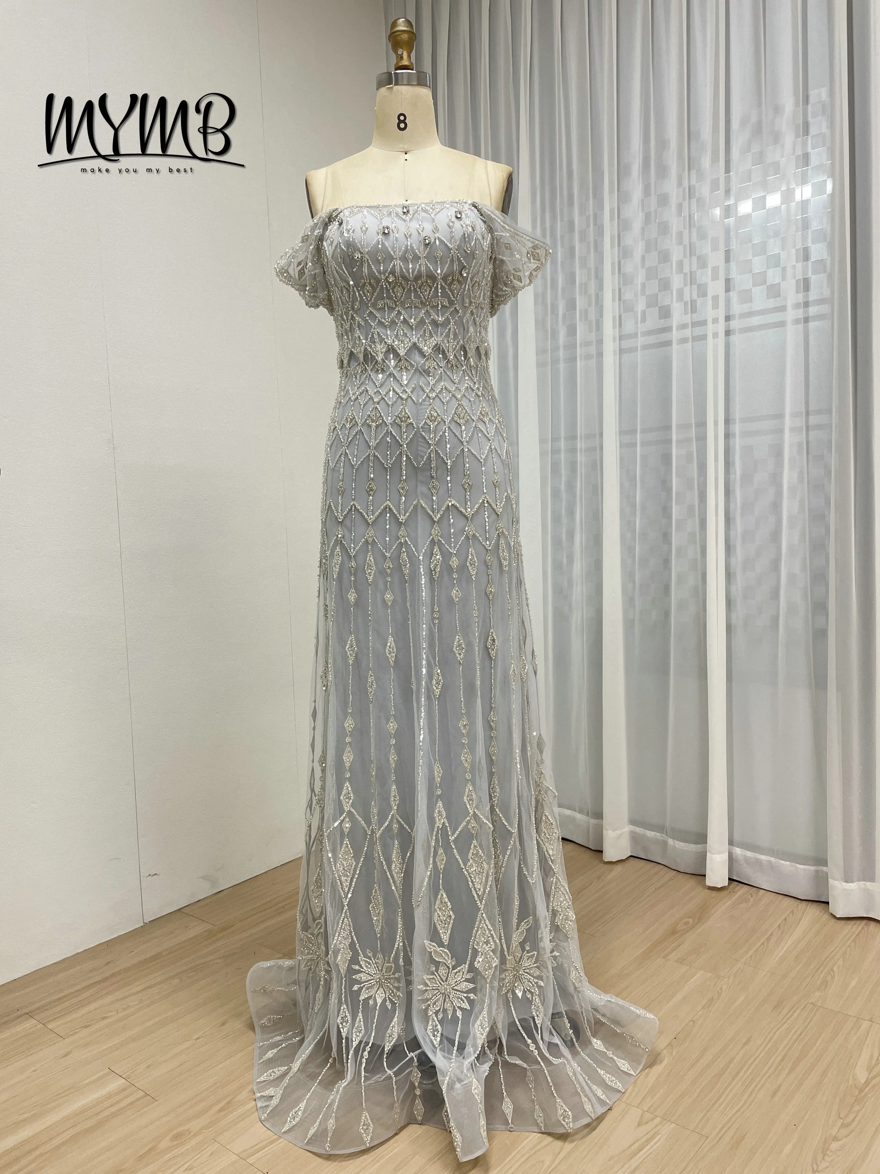 

MYMB Luxury Gray Off Shoulder Evening Dresses Elegant Beaded Crystals Sequins Mermaid Prom Dress Wedding Dress for Bride MY30204