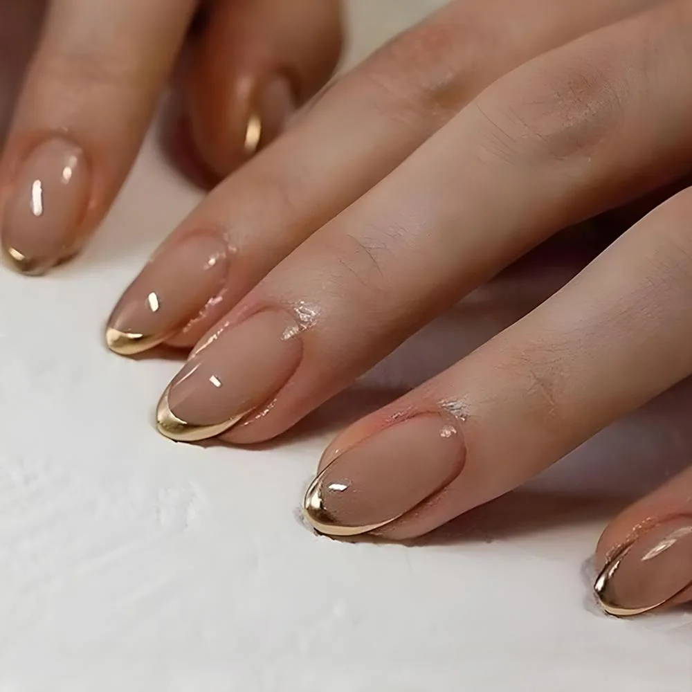24 pçs wearable unhas falsas dicas simples azul francês curto amêndoa imprensa em unhas define cor nude oval unhas falsas acabado manicure