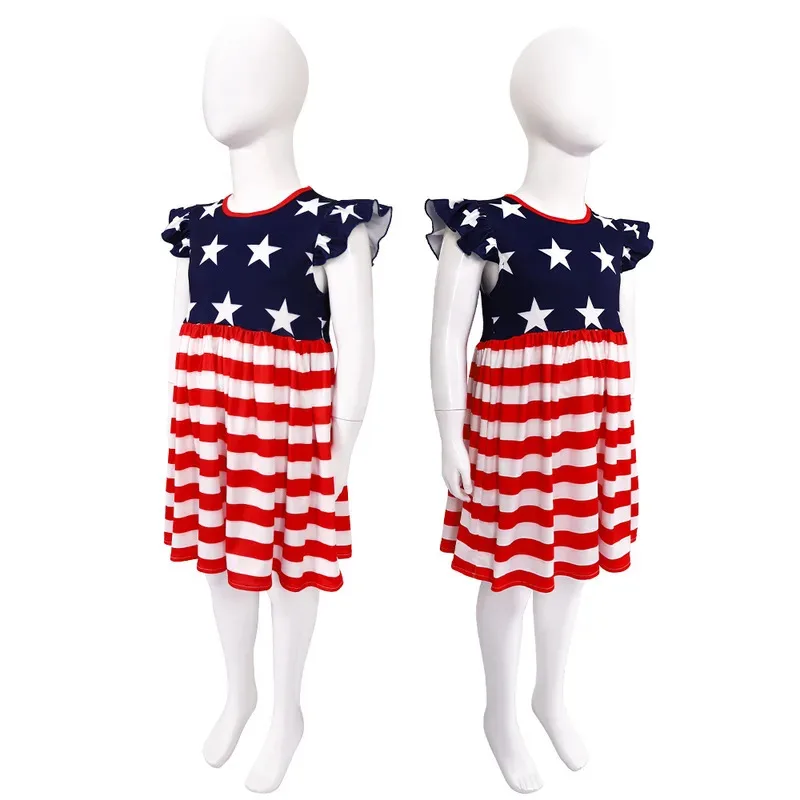 Summer Independence Day Kids Girls Flying Sleeve Stars Stripe Print A-line Dress Festival Clothes om[8