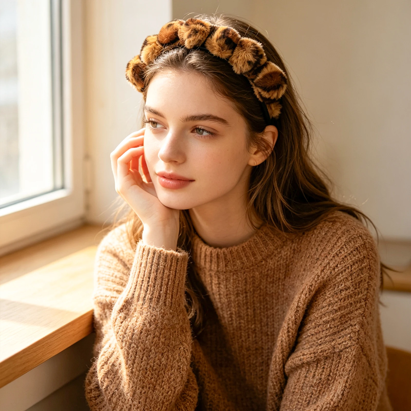 1/3pcs， Leopard print artificial hair headband, fluffy plush ball anti slip toothed headband, winter women's hair accessory