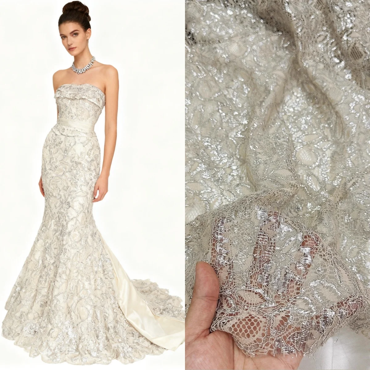 

Полая серебряная нить, блестящая шелковая костяная нить, кружевная кружевная ткань, шитье свадебного платья, вечернее платье, модная юбка, дизайнерская ткань