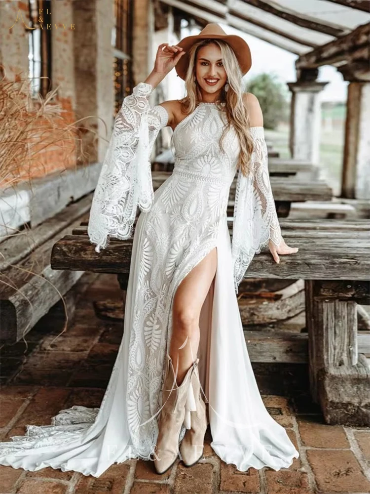 FL&AEVVE Hippie Crochet Lace Wedding Dress With Slit Backless Chic Civil Bohemian Bridal Gown Gatsby Elvish Dress Customized