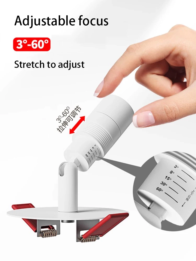 Led Spotlights Adjustable Angle Zoom Focus 3-60 Beam Degree Small Spot Light Atmosphere Recessed Opening 55mm COB Foco Down Lamp