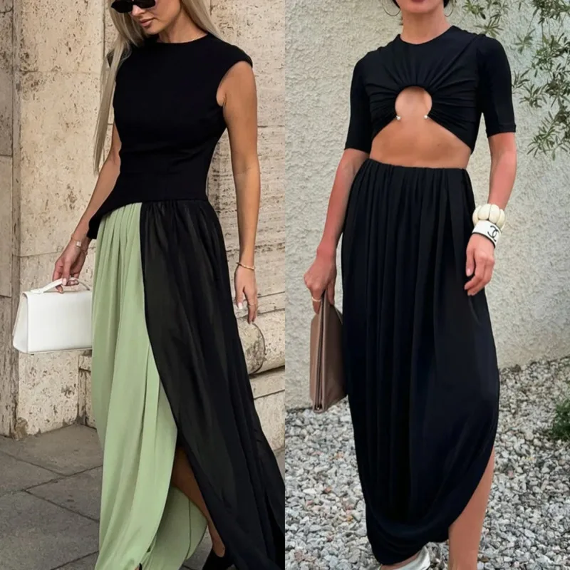 

Fashion Women's Spring Summer Tulip Ruched Maxi Skirt Draped High Split Elastic Waist Long Skirt For Street Daily Vacation Wear