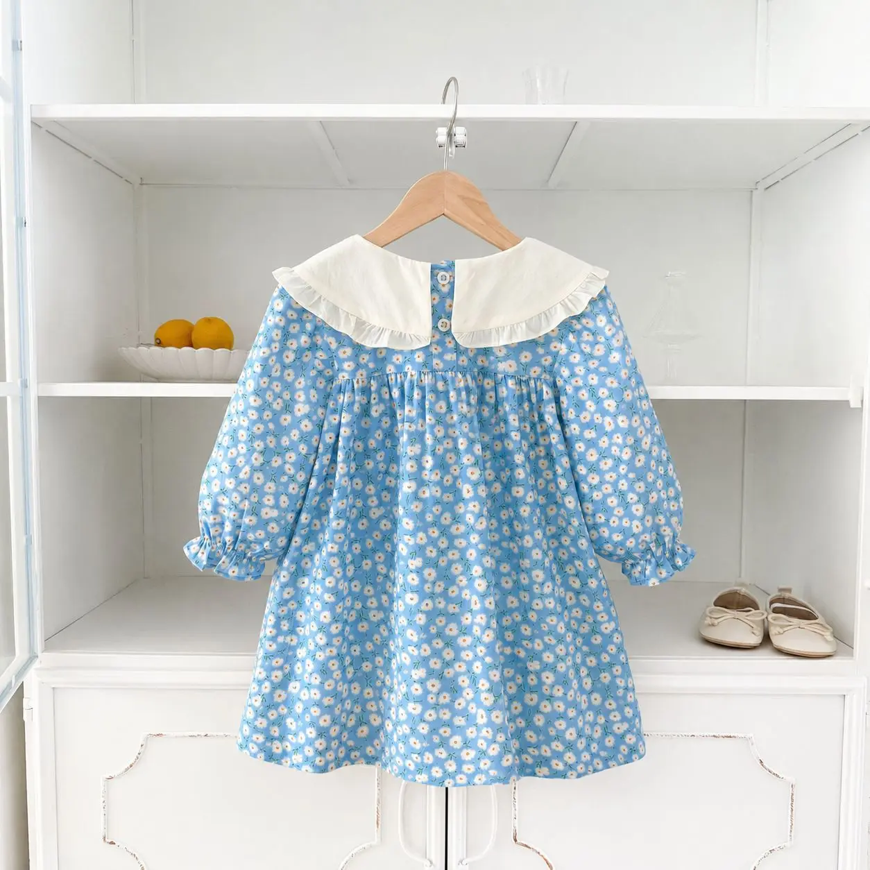 Autumn Girls' Blue Floral Dress Children's Sweet Doll Collar Princess Dresses Spring Versatile Long Sleeve Vestidos
