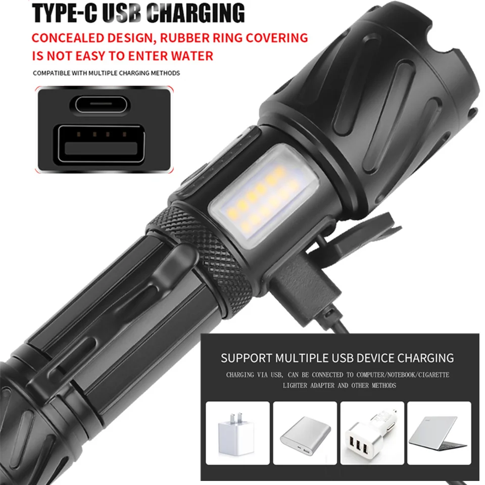 Portable Red White Light Flashlight Type-C Charging Zoom XHP99 Warm Light Flash Light  Tactics Torches
