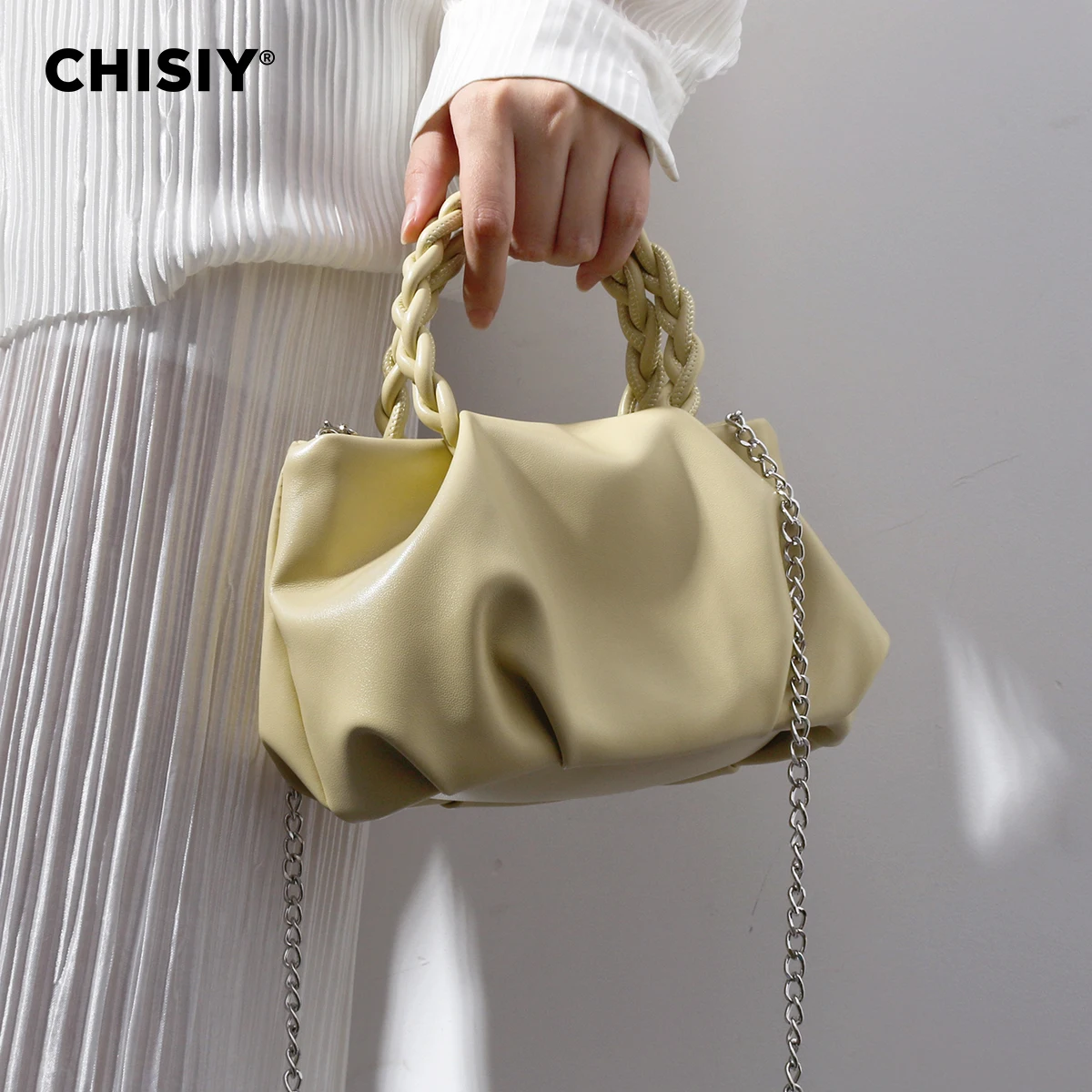 1 piece of CHISIY original handmade woven pleated solid cream yellow synthetic leather fashionable large capacity handbag