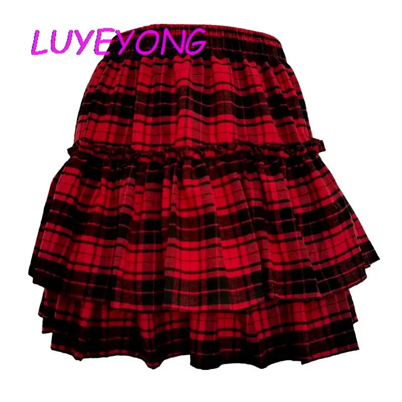 

Korean Fashion Clothes Dark Goth Lady Y2k Girl Gothic Ruffles Elastic Waist Midi Skirts Women Black Red Striped Plaid Mini Skirt