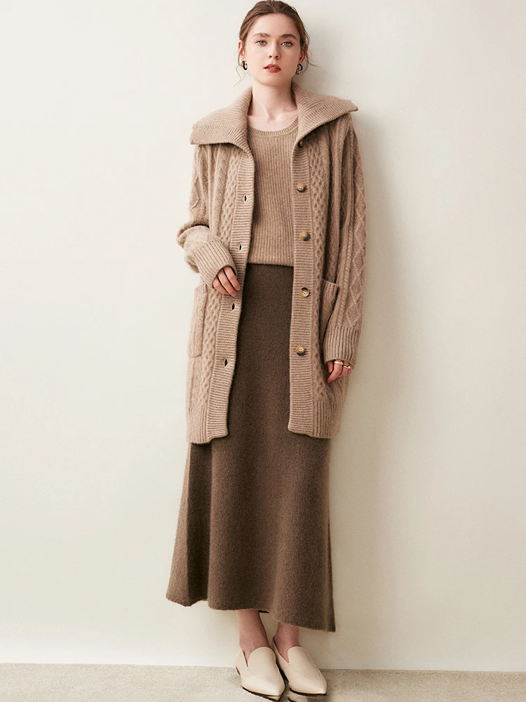 ADDONEE Women 100% Cashmere Sweater Long Cardigan Cable Knit Cashmere Sweater Coat Autumn Winter Thick Warm Vintage Style Tops image 4