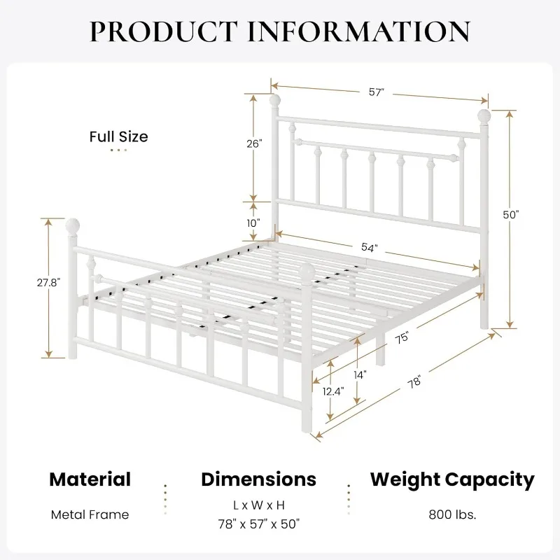 14'' Full Size Metal Platform Bed Frame/Victorian Headboard and Footboard/Steel Slats Mattress Foundation for Storage No Box