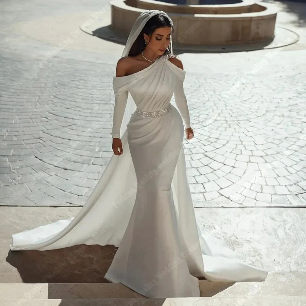 

High Quality Satin Surface Wedding Dresses Simplicity Deep V Mopping Length Mermaid Bridal Robes Wrap Buttocks Vestidos De Novia